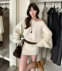 (当日) 2297 ベルトset オフショルダーワンピース - アイボリー