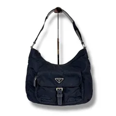プラダ　PRADA ワンショルダーバッグ　トライアングルロゴ　ホーボーバッグ　テスートナイロン　レザー　ネイビー　濃紺
