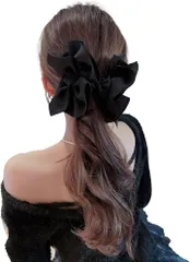 Kai La Nalu ネット バレッタ シニヨン おだんごバレッタ リボン ３Ｄ ブラックヘアアクセサリー シンプル 楽 らく 学生 女性 バレット トレンドリボン バンス クリップ レディース 髪留め 髪飾り ヘアクリップ 韓国風 (ブラック)