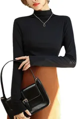 グリーンパキラ ハイネック 長袖 レディース レイヤード インナー トップス カットソー 重ね着 着回し インナーブラウス 伸縮 薄手 無地 シンプル おしゃれ オフィスカジュアル (ブラック,  2XL)