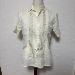 R00380｜ノーブランド｜長袖シャツ｜白　ホワイト｜キューバシャツ｜刺繍｜ポリエステルコットン｜メンズ｜Lサイズ｜Y2K｜90S｜古着｜一点物｜ヴィンテージ｜大人気｜フォロー割