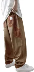 X-cross クロス ワイドパンツ メンズ 大きいサイズ ワークパンツ ゆったり カーゴ 作業着 ペインター コーデュロイ ポケット カジュアル ウエストゴム ベルトなし 薄手 太め オシャレ 韓国 ストリート系 (ブラウン,  L)