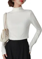 グリーンパキラ ハイネック 長袖 レディース レイヤード インナー トップス カットソー 重ね着 着回し インナーブラウス 伸縮 薄手 無地 シンプル おしゃれ オフィスカジュアル (ホワイト,  2XL)