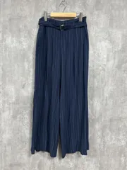 美品 saloon サルーン タグ付き リネン混 ストライプ柄 ワイド パンツ size38/紺 ■◆ レディース