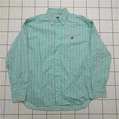 ◇ ⊂ 【ビバリーヒルズポロクラブ BEVERLY HILLS POLO CLUB】ストライプボタンシャツ Mサイズ グリーン系 メンズ E  【1509190046069】