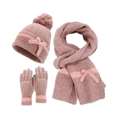 冬用帽子 帽子 スカーフ 手袋 3点セット 5色 リボン 毛玉 タッチスクリーングローブ ニット帽 ビーニー ネックウォーマー 厚