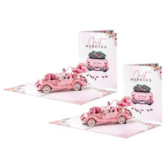 CAWKAY 3Dウェディングカード 2枚セット 結婚式状 ブライダルカー 新郎新婦 カップル 立体ポップアップ 折りたたみ お祝い 記念日 (ピンク) [ピンク（2枚セット）]