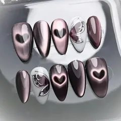 COLORBIRD ネイルチップ マグネットネイル ハート ミディアム 24枚 付け爪 短め 可愛い ポイント (ブラウン、ホワイト,  ミディアム)