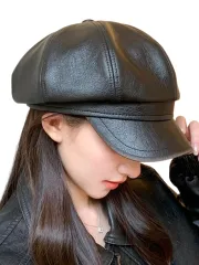 [ブブ オーハナ] PU キャスケット ウォッシュ 加工 ヴィンテージ レトロ 調 56 〜 58cm ニュースボーイ フェイク レザー キャップ レディース (JP, 数字サイズ, 56.0 cm, 58 [ブラック] [56.0-58.0 cm] [標準]