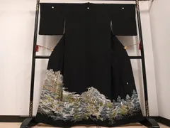 平和屋着物●豪華黒留袖　友禅　作家物　群れ鶴草木文　正絹　逸品　AABE7396ph