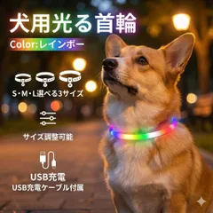 首輪 犬 光る レインボー 虹色 おしゃれ 散歩 光る首輪 S M L 3サイズ LEDライト USB充電 安全 夜 サイズ 調整可能 充電 小型犬 中型犬 大型犬 防犯 ペット ライト