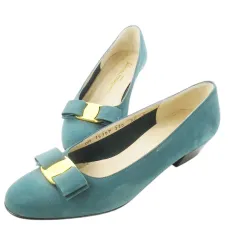 サルヴァトーレフェラガモ Salvatore Ferragamo BOUTIQUE VARA パンプス ローヒール スクエアトゥ スエード レザー 革 ヴァラリボン ロゴ 6.5 23.5cm 緑 グリーン /CK22 ■GY18