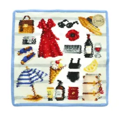 フェイラー FEILER IENA別注 BON VOYAGE タオルハンカチ 総柄 ライトブルー 水色 ホワイト 白 マルチカラー /MI ■OS