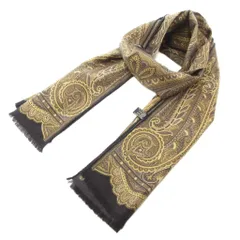 エトロ ETRO スカーフ ストール フリンジ ペイズリー柄 ウール シルク混 黒 ブラック 黄 イエロー /AE