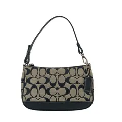 COACH コーチ ハンドバッグ シグネチャー デミポーチ 6094 アイボリー×ブラック キャンバス×レザー レディース アクセサリーポーチ シルバー金具 美品