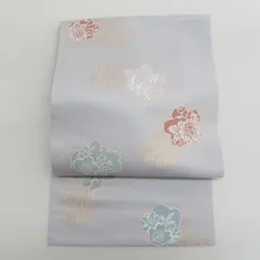 名古屋帯 グレー系 薄灰色ｘ多色 金糸 桜模様 六通柄 正絹 カジュアル 仕立て上がり 着物帯 長さ361cm