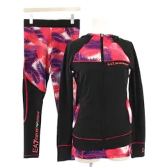 エンポリオアルマーニ EMPORIO ARMANI 3点セット スポーツウェア ジップアップパーカー ジャケット カットソー 半袖 Uネック レギンスパンツ イージー ウエストゴム ストレッチ 総柄 XS S 黒 ブラック ピンク /BBのサムネイル