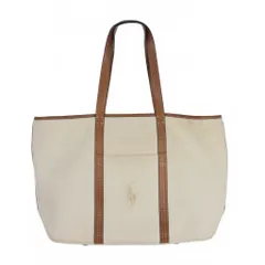 ラルフローレン RALPH LAUREN レザー キャンバス トートバッグ ポニー刺繍 アイボリー ブラウン 茶 0200014406
