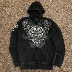 L Prepotente ウォッシュ シルバーウィング スカル グラフィック パンク フードジップアップ