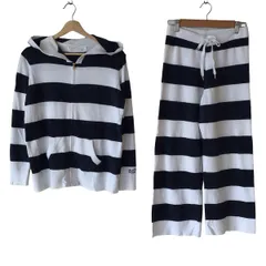 gelato pique(ジェラートピケ) レディースパンツセットアップ レディース - 白×ネイビー ボーダー/ジップアップ/ウエストゴム