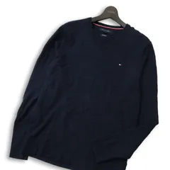 TOMMY HILFIGER トミーヒルフィガー コットン カシミヤ混★ ロゴ刺繍 Vネック ニット セーター Sz.M メンズ 紺 ネイビー