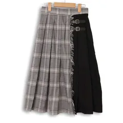 レディースブランド 秋冬 カットオフ 切替★ バイカラー ベルト プリーツ ロング チェック スカート Sz.M　レディース