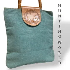 【美品】HUNTING WORLD ハンティングワールド　トートバッグ　肩掛けバッグ　　水色　レザー　本革　キャンバス　ロゴ　お出かけ　普段使い　日常使い　レディース　通勤　通学　おでかけ　おしゃれ　カバン　鞄　かばん　ブランド