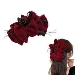 バレッタ 大きめ リボン クリップ サテン シフォン ヘアアクセサリー 大人 ヘアクリップ 髪留め おしゃれ 結婚式 バンスクリップ ヘアクリップ 大きめ おしゃれ しっかりとまる バレッタ かわいい 可愛い 韓国 (レッド, ベロア) [レッド] [ベロア]