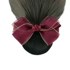 シニヨンネット バレッタ ネット付き お団子ネットリボン 大きめヘアネット 髪ネットリボン レディースヘアアクセサリー 髪留め (レッド, シフォン) [レッド] [シフォン]