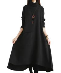 [Elixio] [エリクシオ] ワンピース レディース ロングワンピース 長袖 Aライン ハイネック タートルネック あったか あたたかい 体型カバー カジュアル 秋 冬 厚手 ストライプ (JP, アルファベット, L, ブラック) [ブラック] [L]