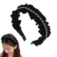 カチューシャ レディース ベロア ビジュー 痛くない ヘアバンド 痛くならない オシャレ シンプル 細め 細い おしゃれ カワイイ ヘアアレンジ ヘッドバンド 大人 可愛い ヘアアクセ リボン 髪飾り 韓国 (ブラック) [ブラック]