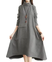 [Elixio] [エリクシオ] ワンピース レディース ロングワンピース 長袖 Aライン ハイネック タートルネック あったか あたたかい 体型カバー カジュアル 秋 冬 厚手 ストライプ (JP, アルファベット, 2XL, グレー [グレー] [2XL]