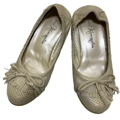 【美品】銀座かねまつ (24.5) パンプス タッセル フリンジ パンチング ギャザー ローヒール 希少デザイン