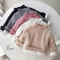 カットソー 長袖 キッズ ベビー ハイネック ス 厚手 裏起毛 裏フリース 女の子 インナー 肌着 フリル 暖かい 防寒 ニットセーター ニットソー225588