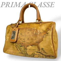 【B4407】　PRIMA CLASSE プリマクラッセ ミニボストンバッグ ハンドバッグ PVCレザー ブラウン 地球柄 イタリア製 タグ付