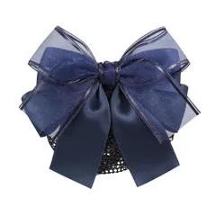 シニヨンネット シフォンリボン付き お団子ネット 大きめ ヘアアクセサリー レディース まとめ髪 フォーマル 就活 上品 シンプル 髪留め ネット付き ヘアリボン (ネイビー) [ネイビー]