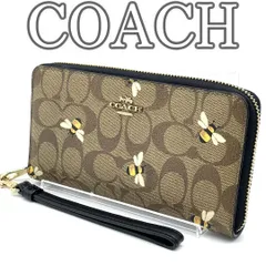 【レア美品】コーチ COACH PVC 長財布 ラウンドファスナー シグネチャー 蜂 モチーフ ビー プリント ストラップ付き ブラウン ブラック ゴールド金具 ウォレット レディース