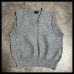 ウール100% Vネック ニットベスト グレー M 重ね着 古着 レイヤード