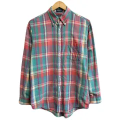 USA製 LAND'S END ランズエンド ボタンダウンシャツ コットンシャツ チェック柄 ポケット付き 長袖シャツ カラフル グリーン×オレンジ×多色 Mサイズ No.L852