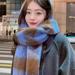 ブルー×ブラウン チェック 大判マフラー フリンジ付き 188cm 大判 防寒
