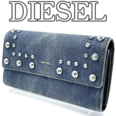【レア】ディーゼル DIESEL 長財布 デニム スタッズ L字ファスナー ロングウォレット インディゴ ブルー キャンバス レザー 切替 メタル装飾 ロゴプレート カジュアル ストリート ユニセックス