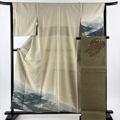 【美品】 付下げ 身丈157cm 裄丈65cm M 袷 袋帯セット 落款 草花 霞 ぼかし ベージュ 正絹 秀品 【中古】