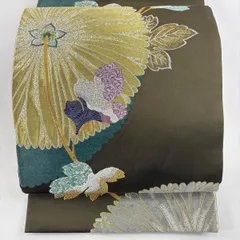 袋帯 秀品 菊 唐織 金銀糸 茶緑色 六通 正絹 【中古】