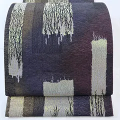 【美品】 袋帯 秀品 樹木 幾何学模様 箔 濃紫 六通 正絹 【中古】