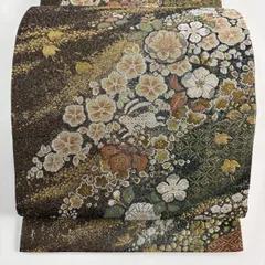 【美品】 袋帯 秀品 やまと 辻が花柄 うさぎ 金銀糸 箔 茶緑色 六通 正絹 【中古】