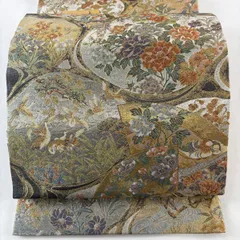 【美品】 丸帯 名品 琳派流水名勝図 草花 鶴 箔 墨色 全通 正絹 【中古】