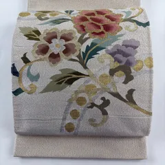 袋帯 名品 関西仕立て 花唐草 幾何学模様 金銀糸 箔 ベージュ お太鼓柄 正絹 【中古】