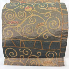 【美品】 袋帯 名品 花唐草 幾何学模様 金糸 茶緑色 六通 正絹 【中古】