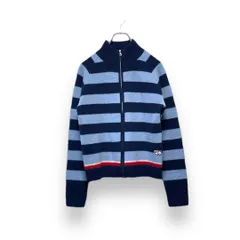 【古着】FILA（フィラ）　ジップアップニット　スタンドカラーカーディガン　ボーダー柄　ネイビー×ブルー　Y2K