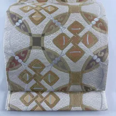 【美品】 袋帯 名品 幾何学模様 金銀糸 ベージュ 六通 正絹 【中古】